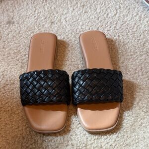 Black Faux Leather Woven Slide Sandals